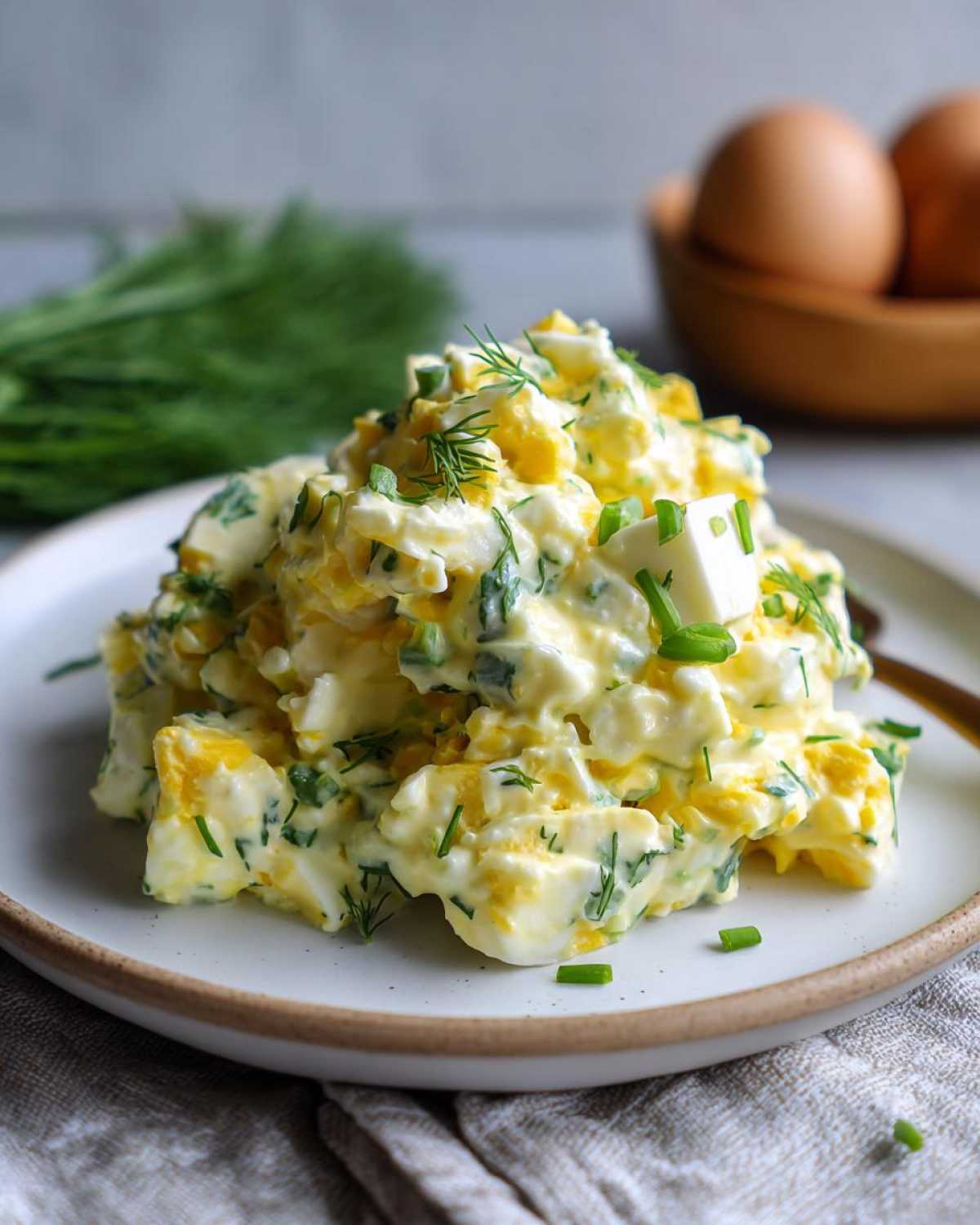 A generous scoop of creamy egg salad recipe garnished with fresh dill and chives on a white plate.