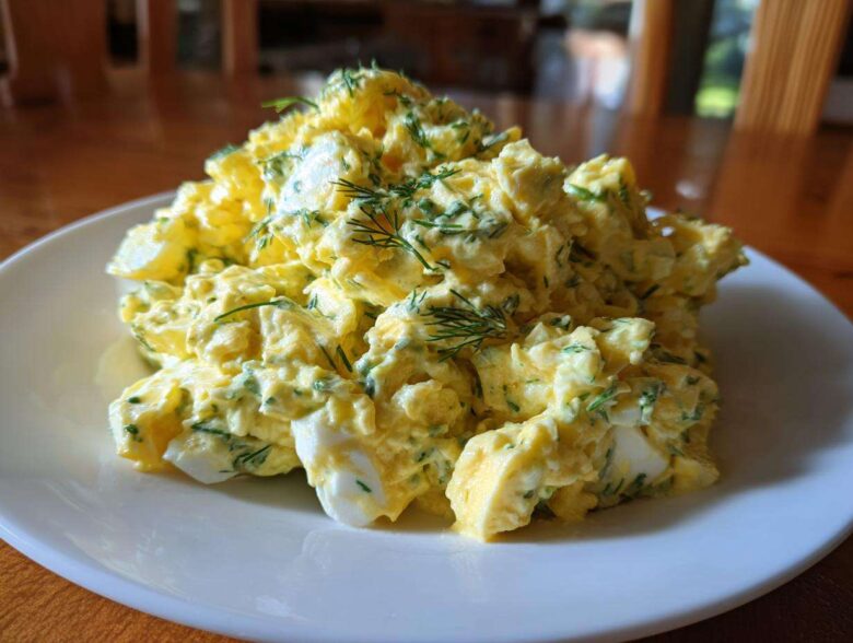 A generous serving of creamy, yellow egg salad recipe garnished with fresh dill, presented on a white plate.