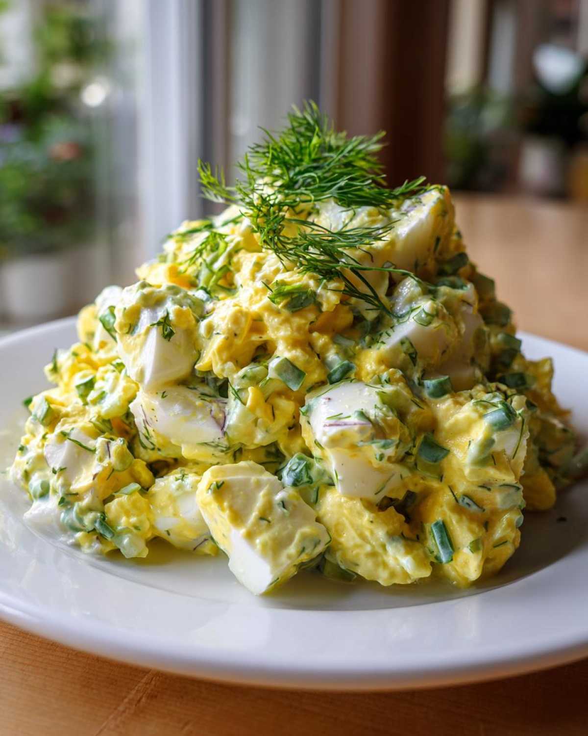 A generous mound of creamy, chunky egg salad recipe topped with fresh dill on a white plate.