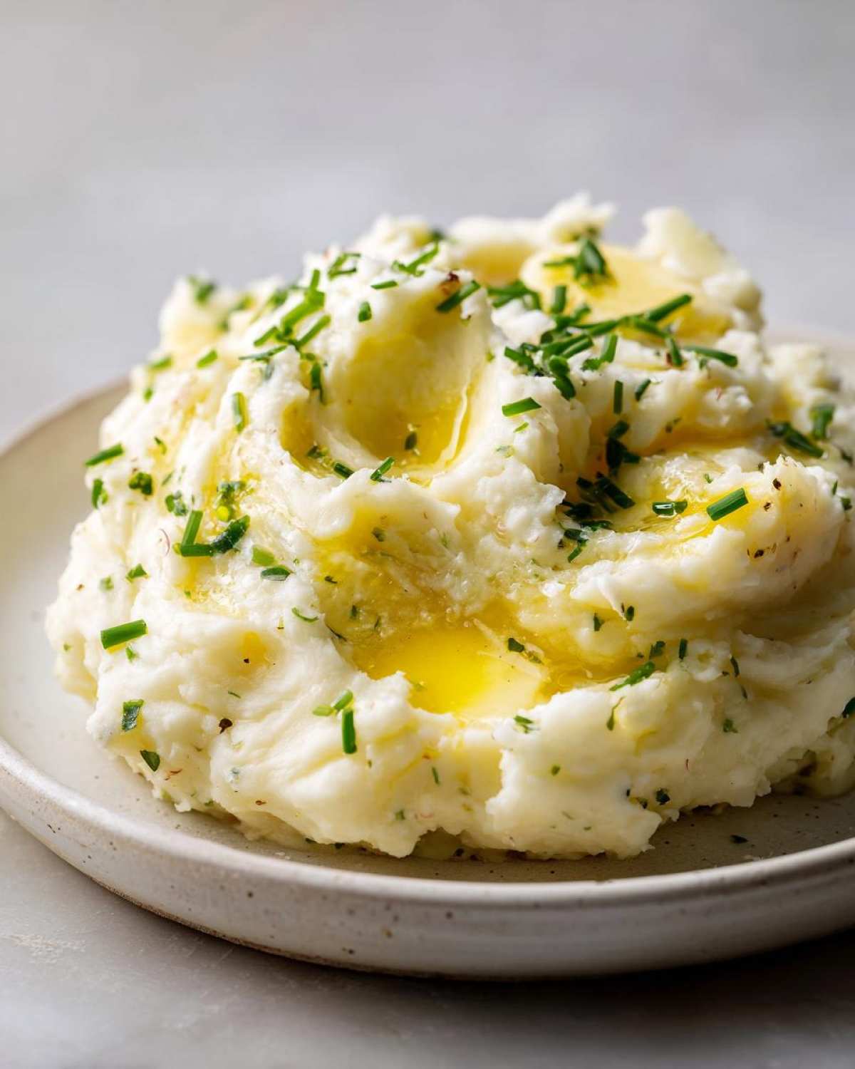 A close-up of fluffy garlic mashed potatoes topped with pools of melted butter and fresh chopped chives.