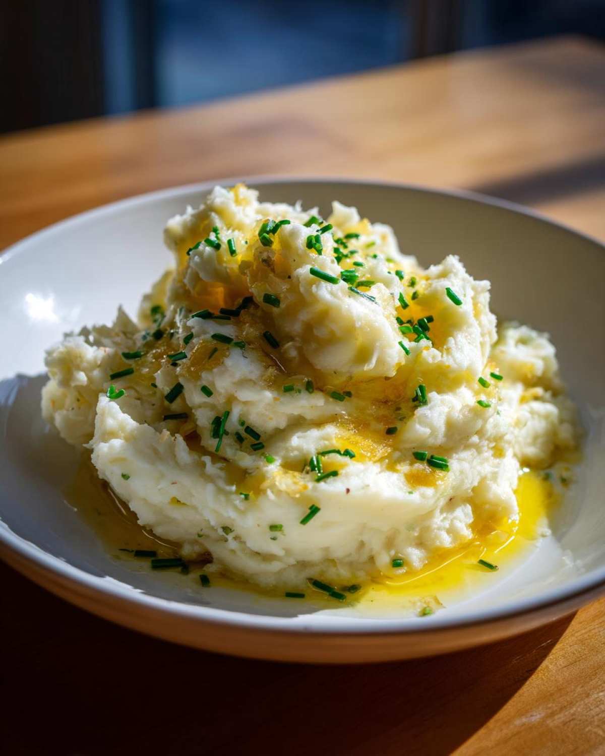 A bowl of creamy garlic mashed potatoes topped with melted butter and fresh chopped chives.