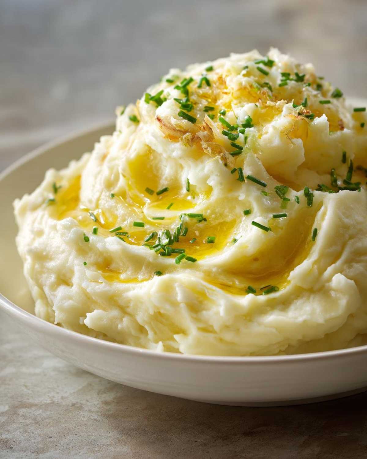 A bowl of fluffy garlic mashed potatoes topped with melted butter, fresh chives, and crispy garlic bits.