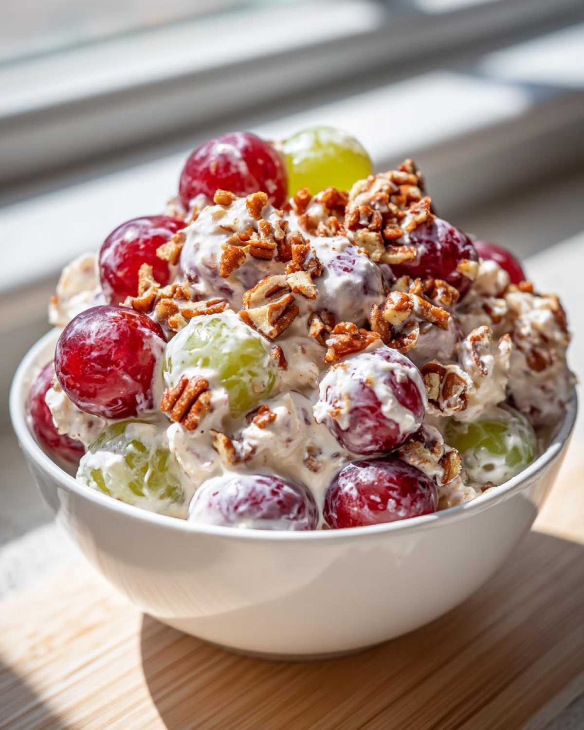 Close-up of creamy chicken salad chick grape salad mixture with red and green grapes and chopped pecans.
