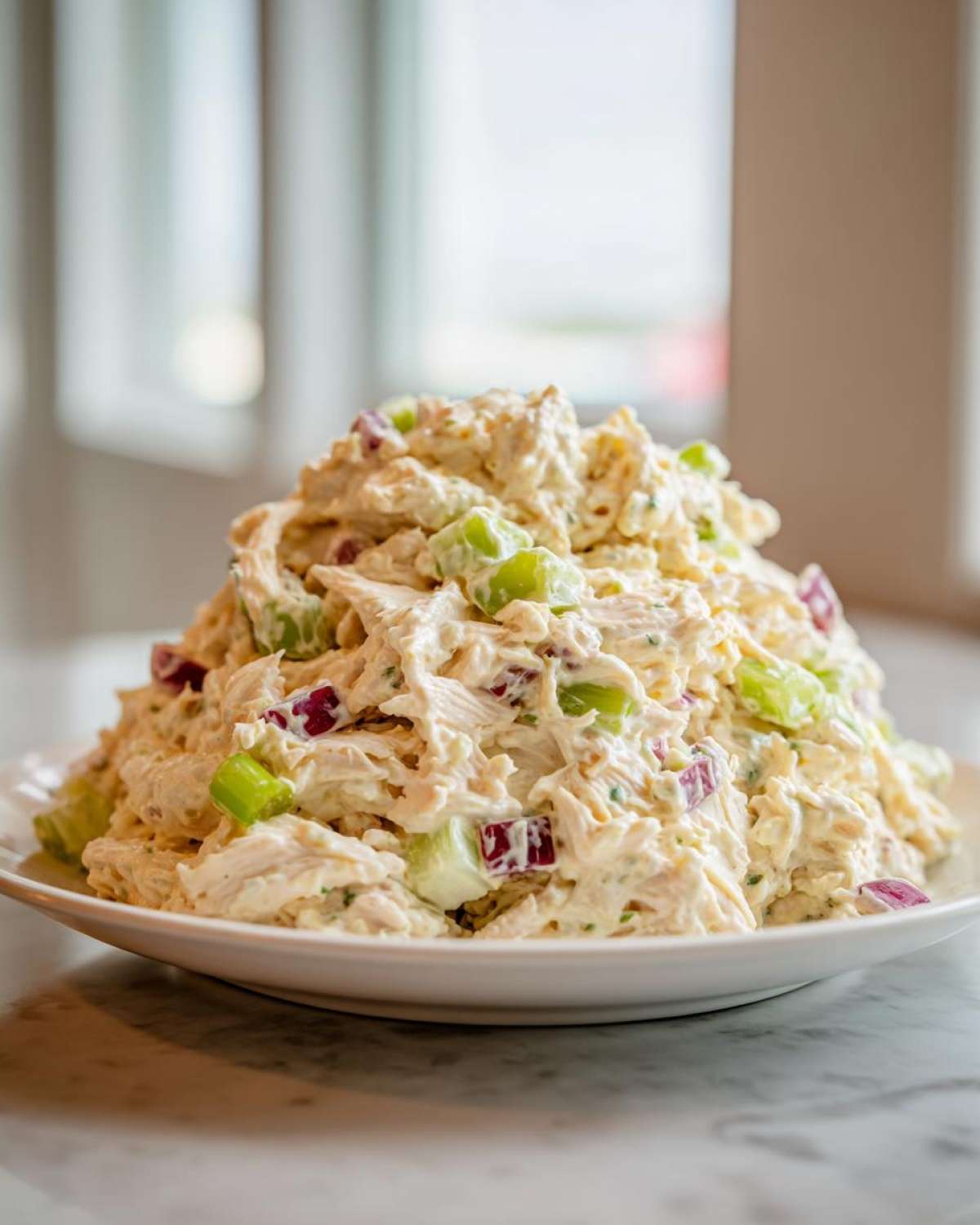 A large mound of creamy honey mustard chicken salad mixed with chunks of celery and red onion on a white plate.