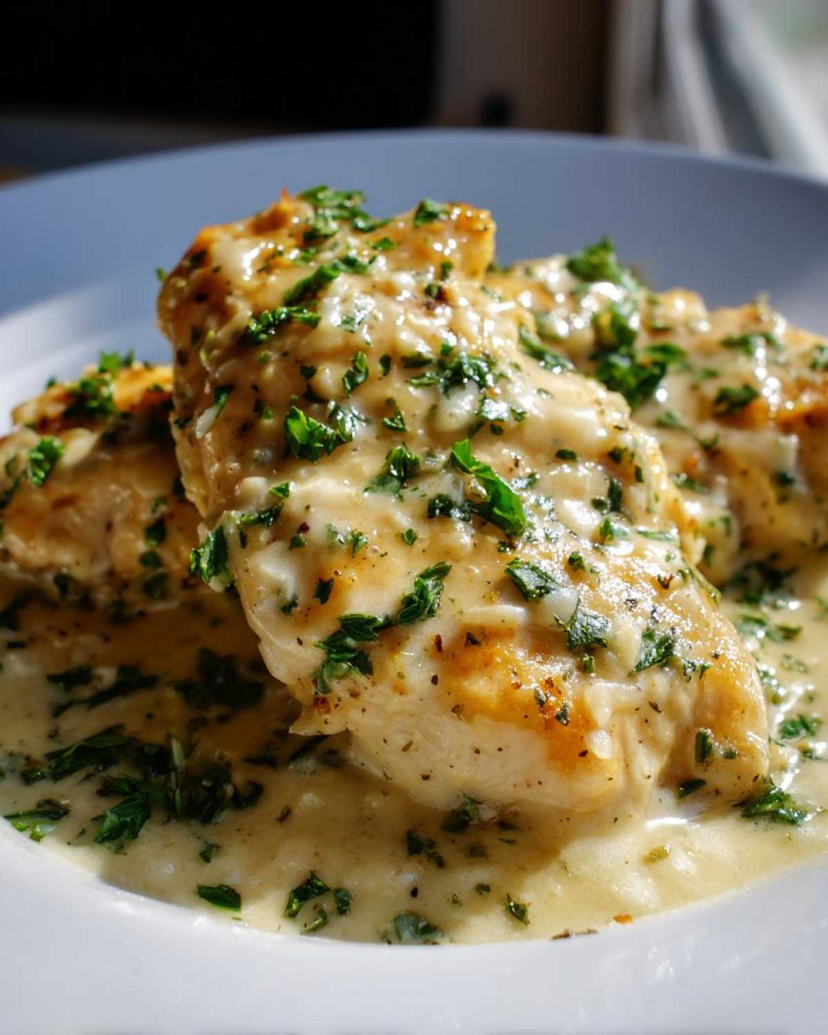 Three pieces of pan-seared creamy lemon chicken smothered in a rich, light sauce and topped with fresh chopped parsley.