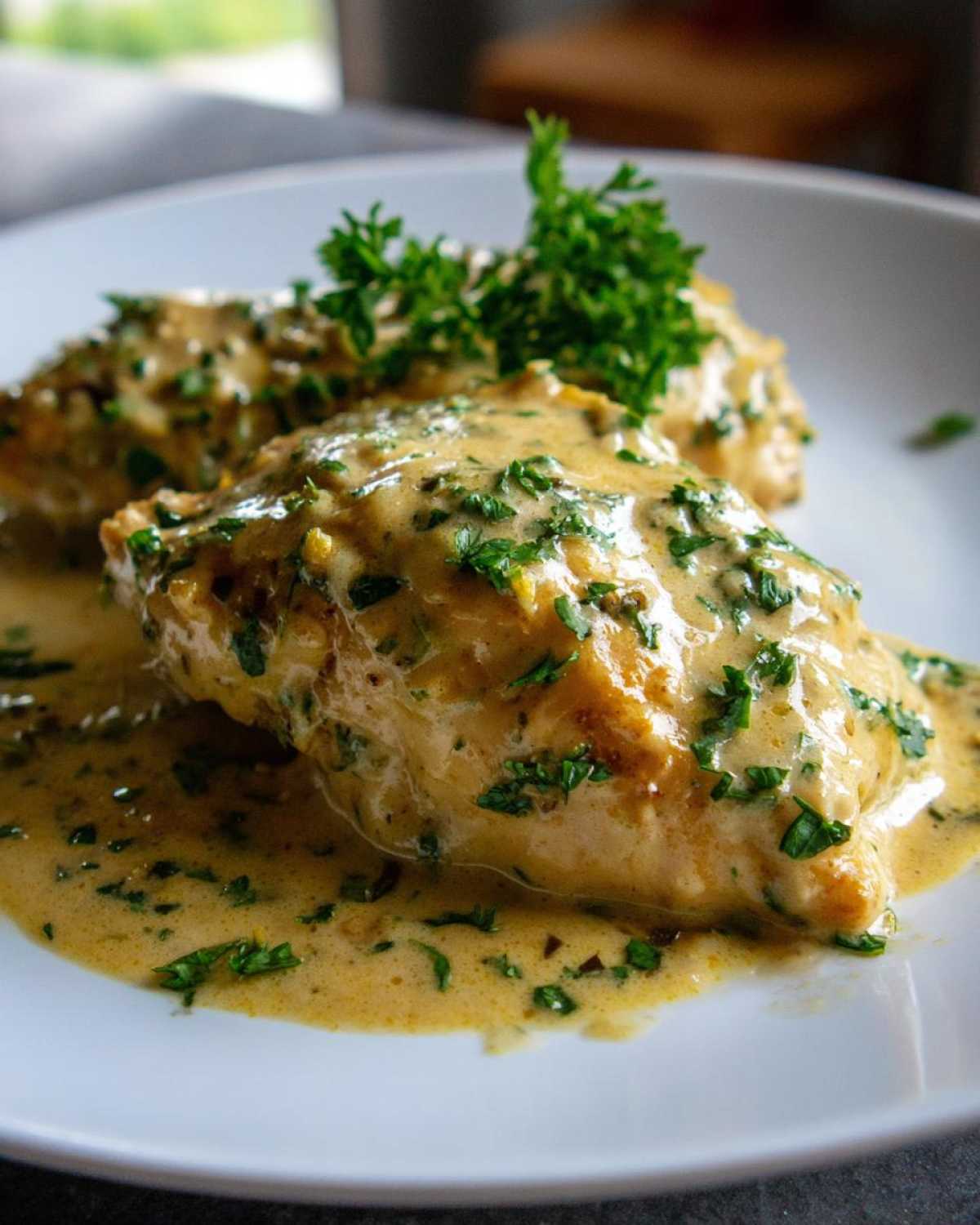 Two pieces of pan-seared chicken breasts covered in a rich, creamy lemon sauce and topped with fresh parsley, ready to eat.