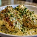 Three pieces of seared chicken breasts coated in a rich, creamy lemon chicken sauce and topped with fresh parsley.