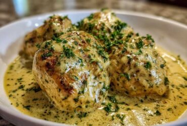 Three pieces of seared chicken breasts coated in a rich, creamy lemon chicken sauce and topped with fresh parsley.