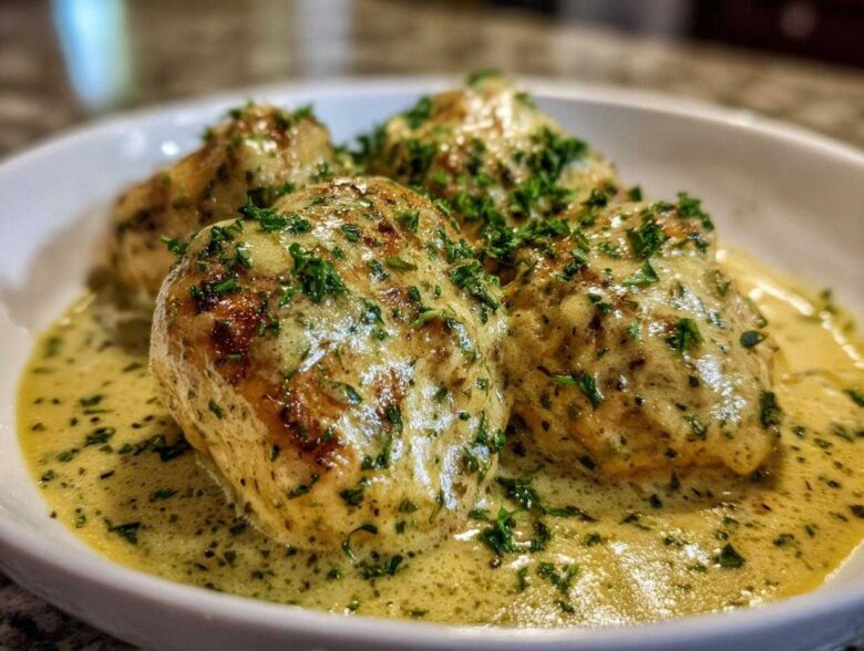 Three pieces of seared chicken breasts coated in a rich, creamy lemon chicken sauce and topped with fresh parsley.