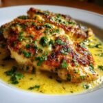 Close-up of two golden-brown fillets of creamy lemon chicken swimming in a rich, yellow lemon sauce and topped with fresh parsley.