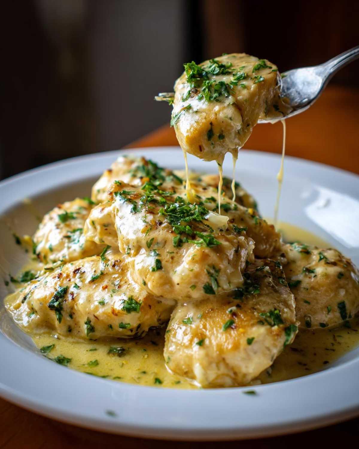 A fork lifts a piece of creamy lemon chicken covered in rich sauce and parsley from a plate.