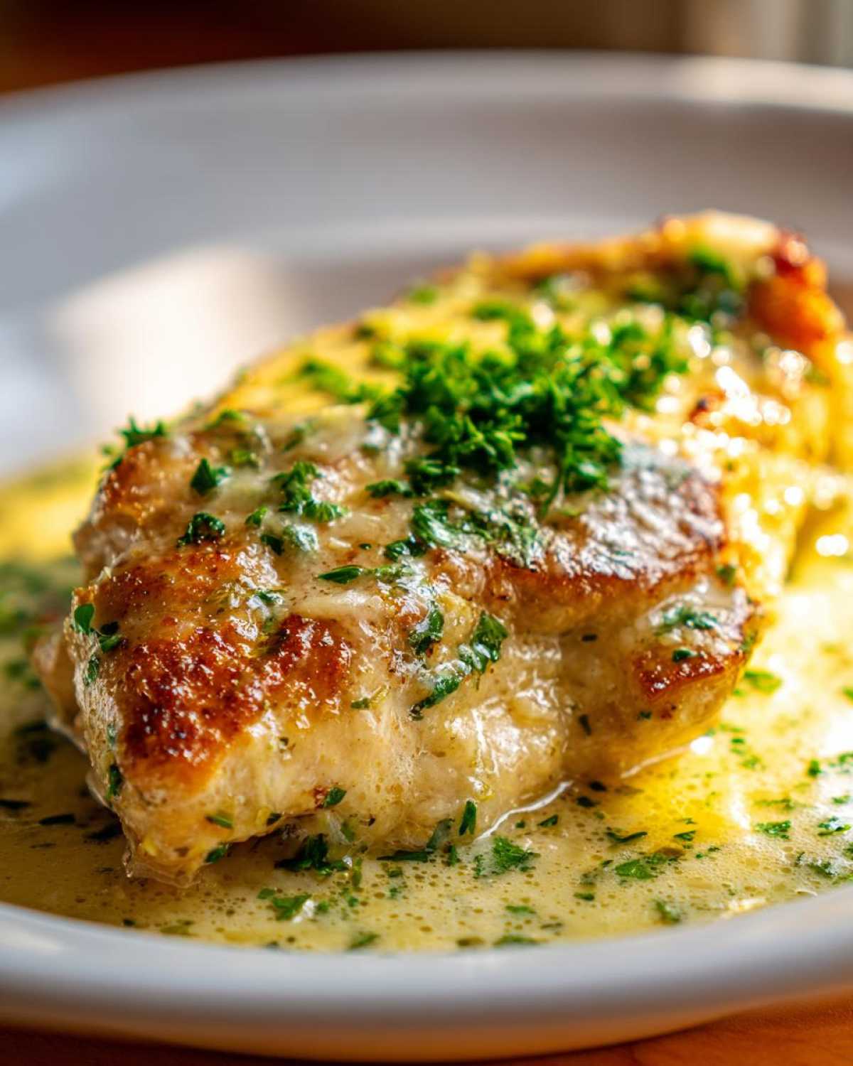 Close-up of a pan-seared chicken breast covered in creamy lemon sauce and fresh parsley, part of a creamy lemon chicken recipe.
