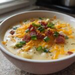 A close-up of a bowl of creamy loaded baked potato soup topped with shredded cheddar cheese, bacon bits, and green onions.