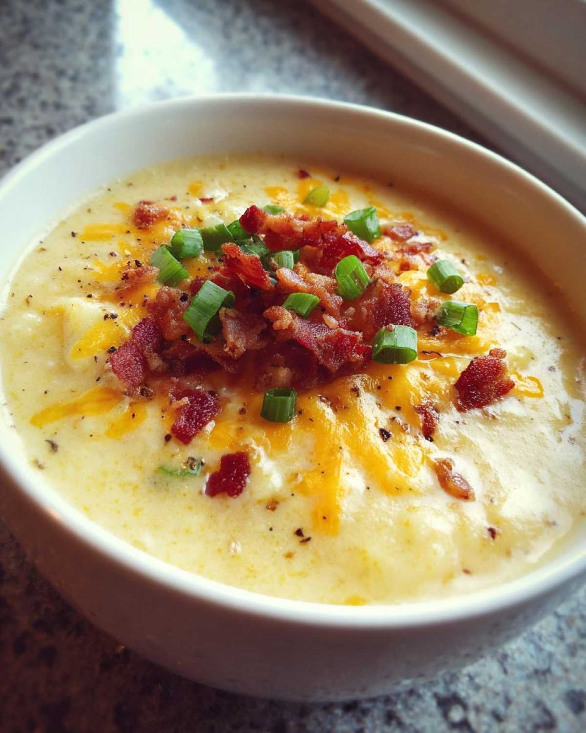 Close-up of a bowl of creamy loaded baked potato soup topped with cheddar cheese, bacon bits, and fresh green onions.