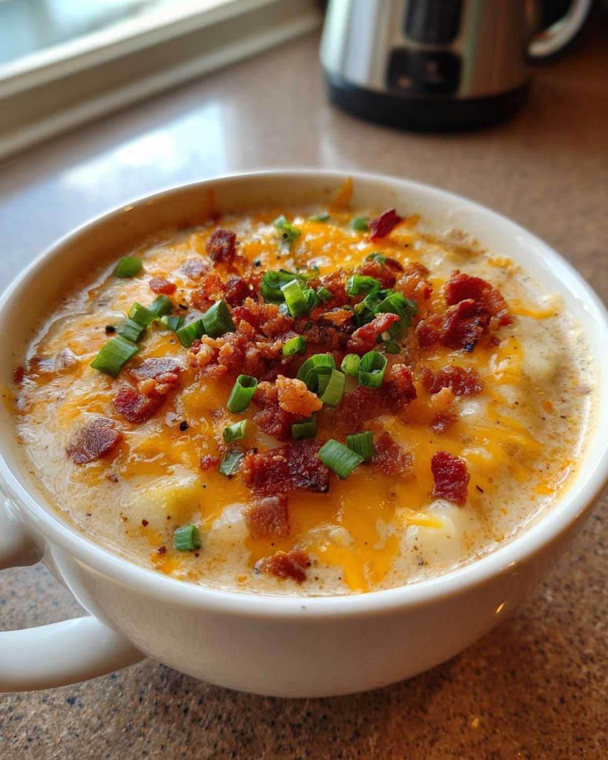Close-up of a creamy loaded baked potato soup topped with melted cheddar cheese, bacon bits, and green onions.