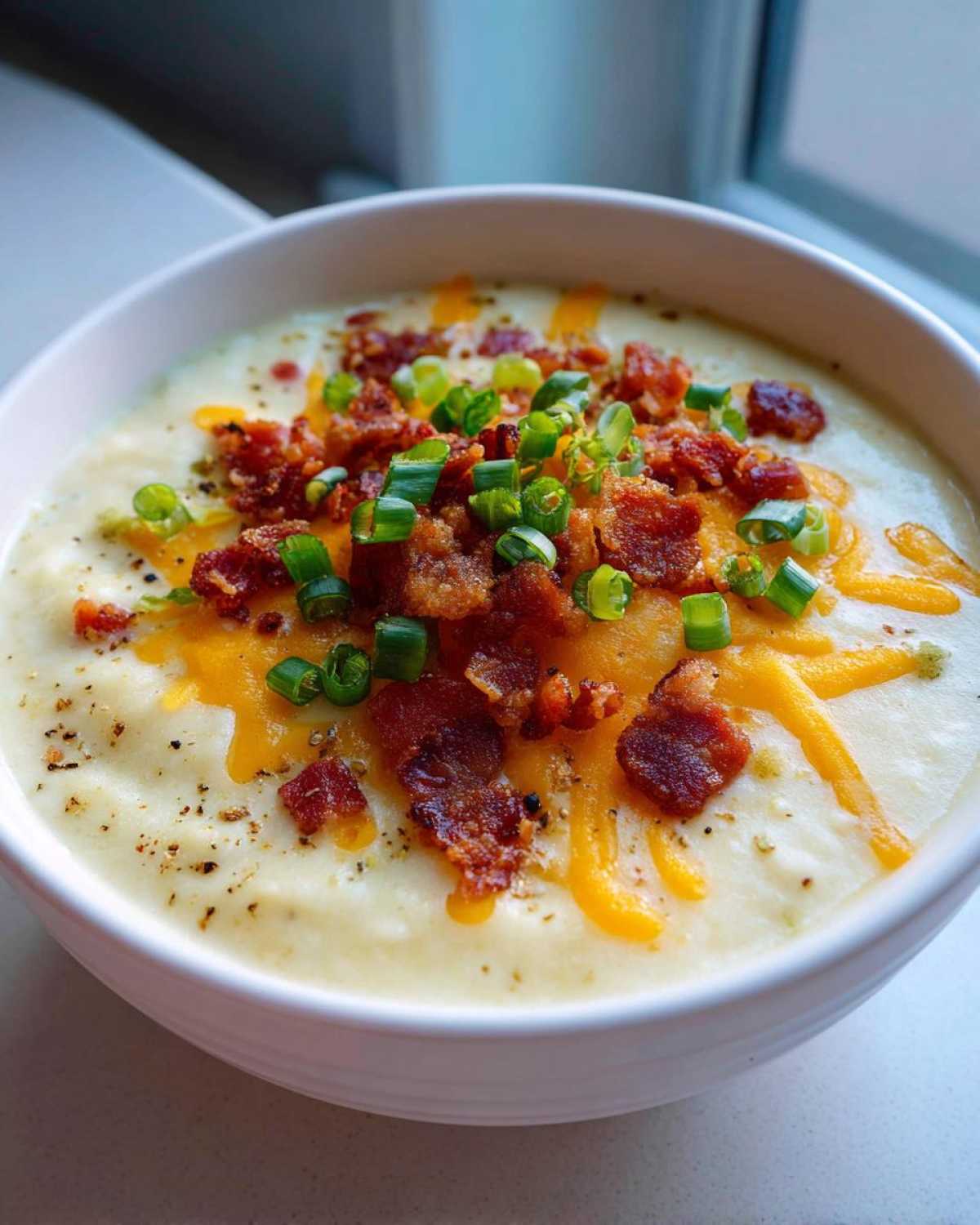 Close-up of a bowl of creamy loaded baked potato soup topped with shredded cheddar, bacon bits, and green onions.