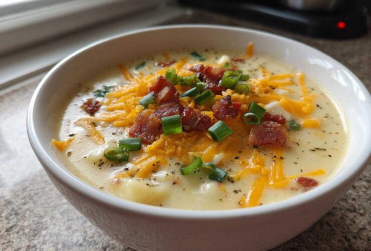A close-up of a bowl of creamy loaded baked potato soup topped with shredded cheddar cheese, bacon bits, and green onions.