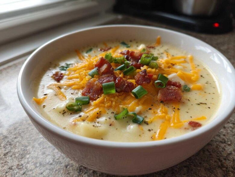 A close-up of a bowl of creamy loaded baked potato soup topped with shredded cheddar cheese, bacon bits, and green onions.