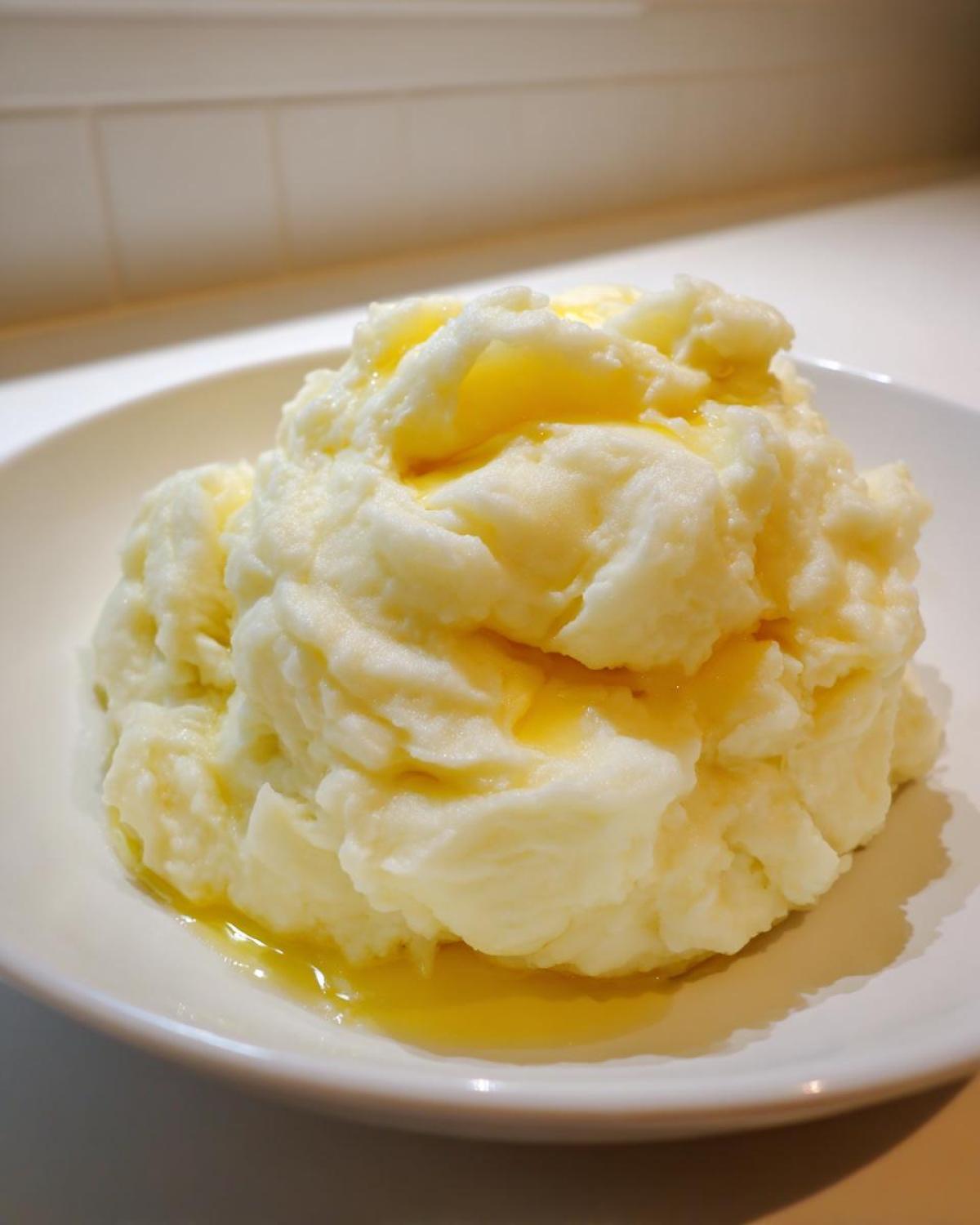 A generous serving of fluffy creamy mashed potatoes topped with pools of melted butter in a white bowl.
