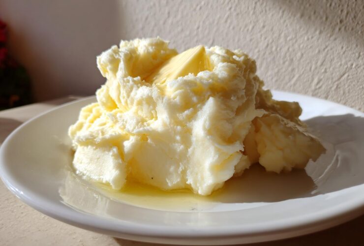 A generous serving of fluffy, creamy mashed potatoes topped with a pat of melting butter on a white plate.