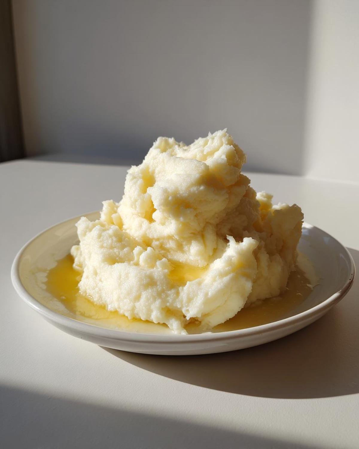 A generous serving of fluffy, creamy mashed potatoes topped with melted butter on a white plate.