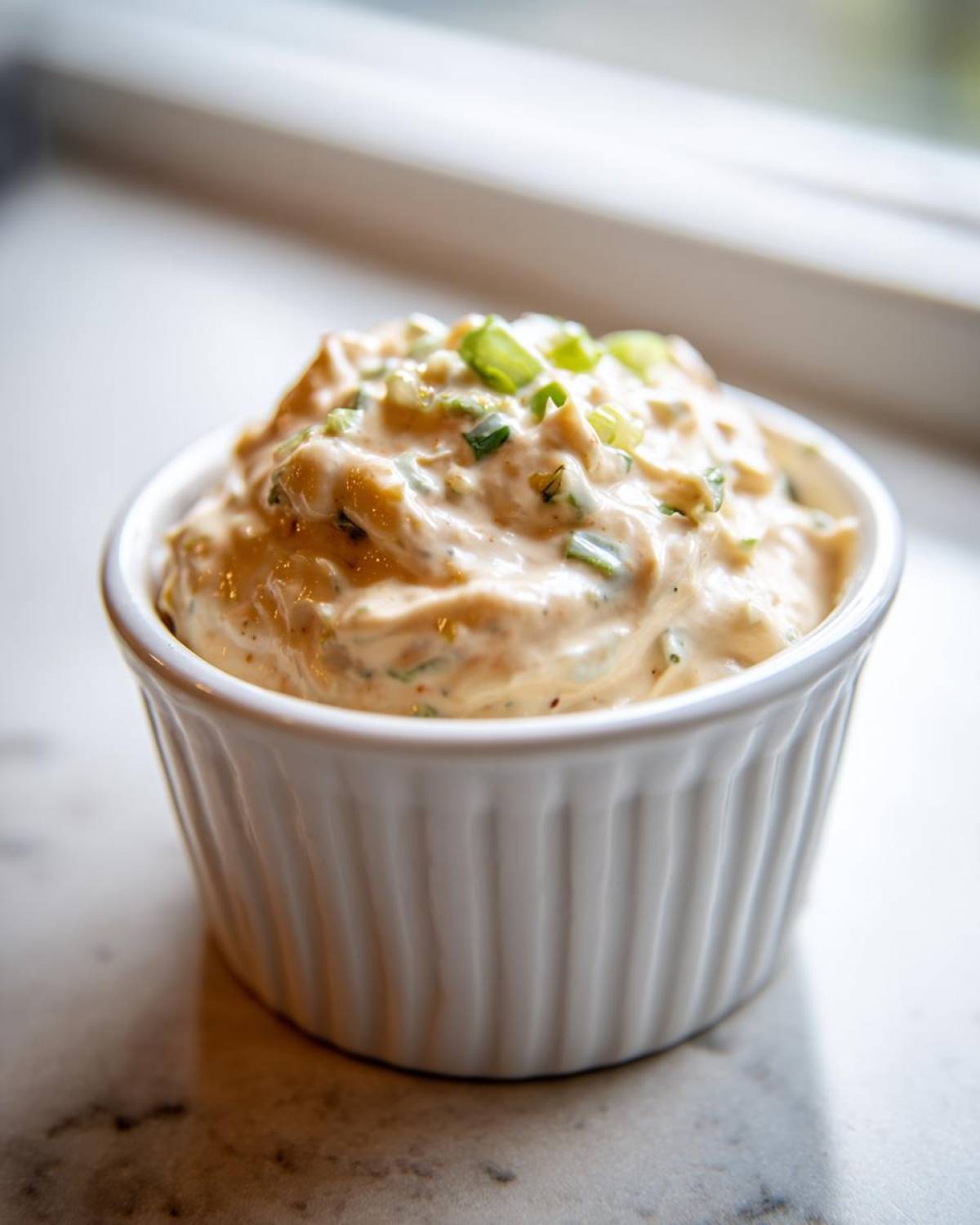 Close-up of creamy, orange-tinted remoulade sauce topped with fresh green onions in a white ramekin.