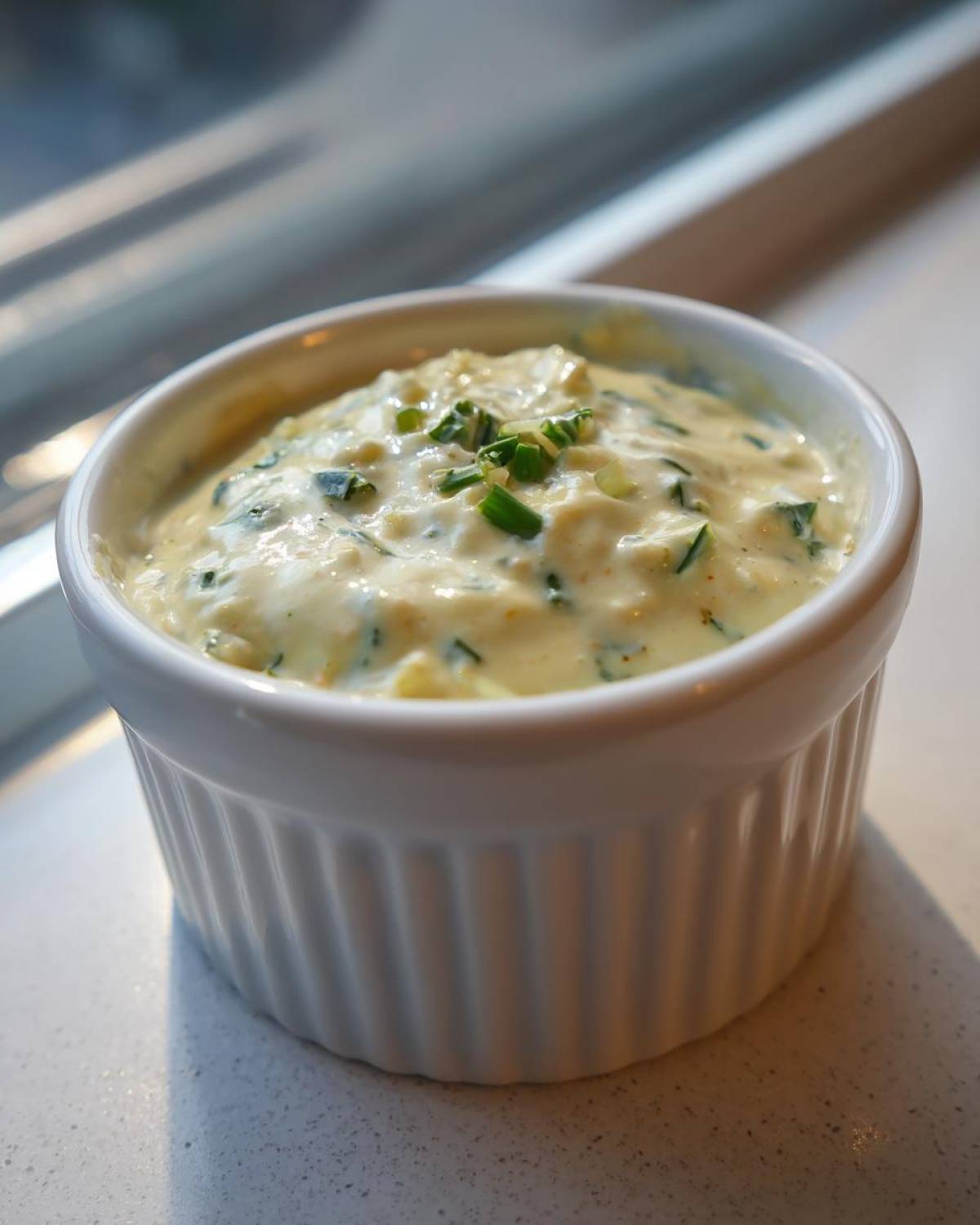 Close-up of a small white ramekin filled with thick, creamy remoulade sauce, garnished with chopped green herbs.