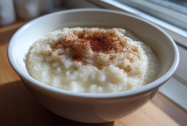 Close-up of a white bowl filled with creamy rice pudding, topped generously with ground cinnamon.
