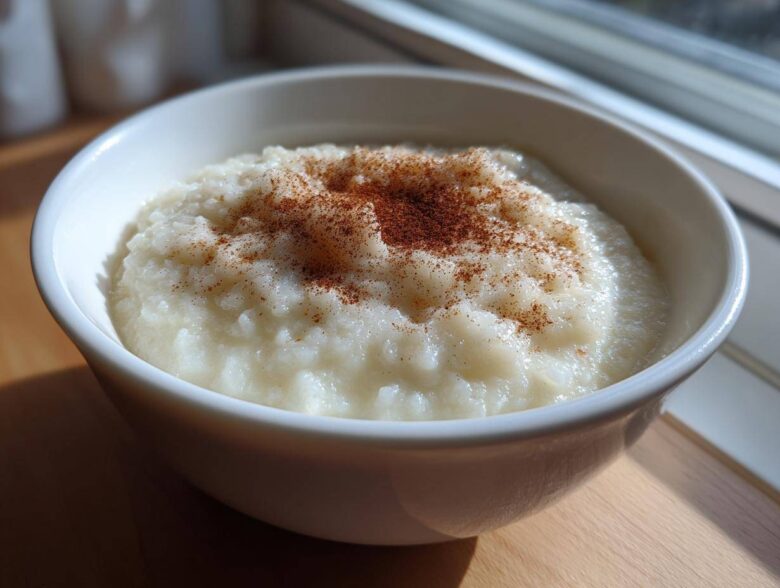 Close-up of a white bowl filled with creamy rice pudding, topped generously with ground cinnamon.