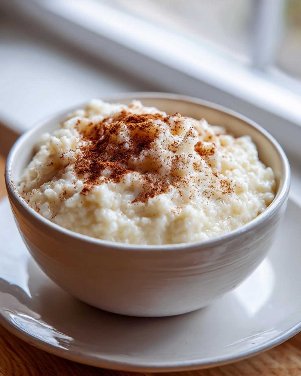 A close-up of creamy rice pudding topped generously with ground cinnamon, served in a white bowl.