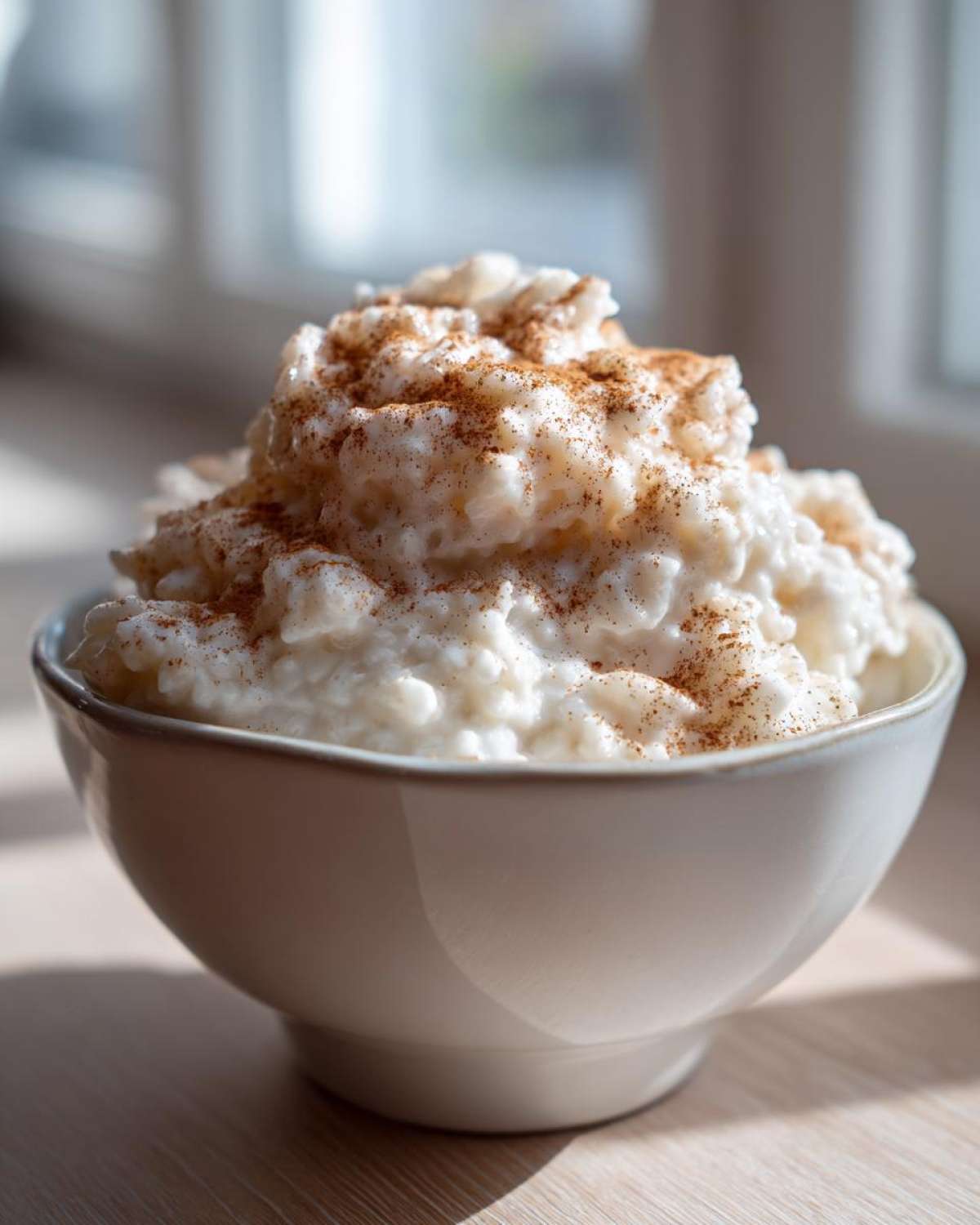 A close-up of creamy rice pudding topped generously with ground cinnamon in a white bowl.