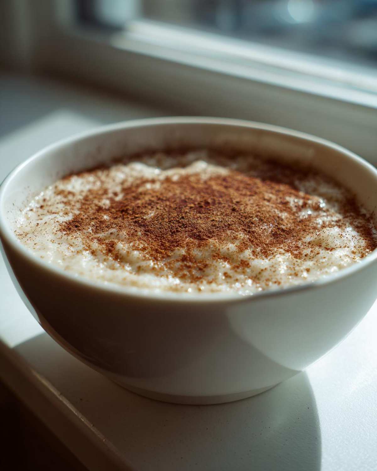 Close-up of a white bowl filled with creamy rice pudding, generously dusted with cinnamon.