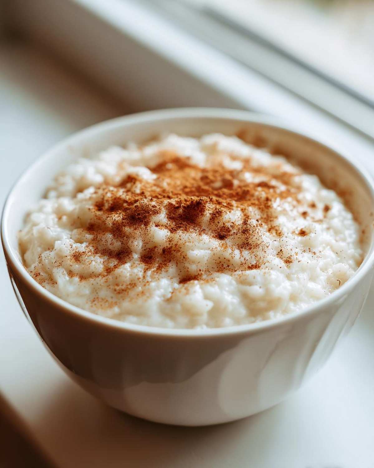 A close-up of creamy rice pudding in a white bowl, generously sprinkled with cinnamon.