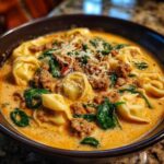 Close-up of a rich, creamy sausage tortellini soup topped with spinach and grated Parmesan cheese.