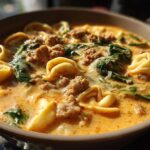 A close-up, warmly lit bowl of creamy sausage tortellini soup featuring cheese tortellini, crumbled sausage, and wilted spinach.