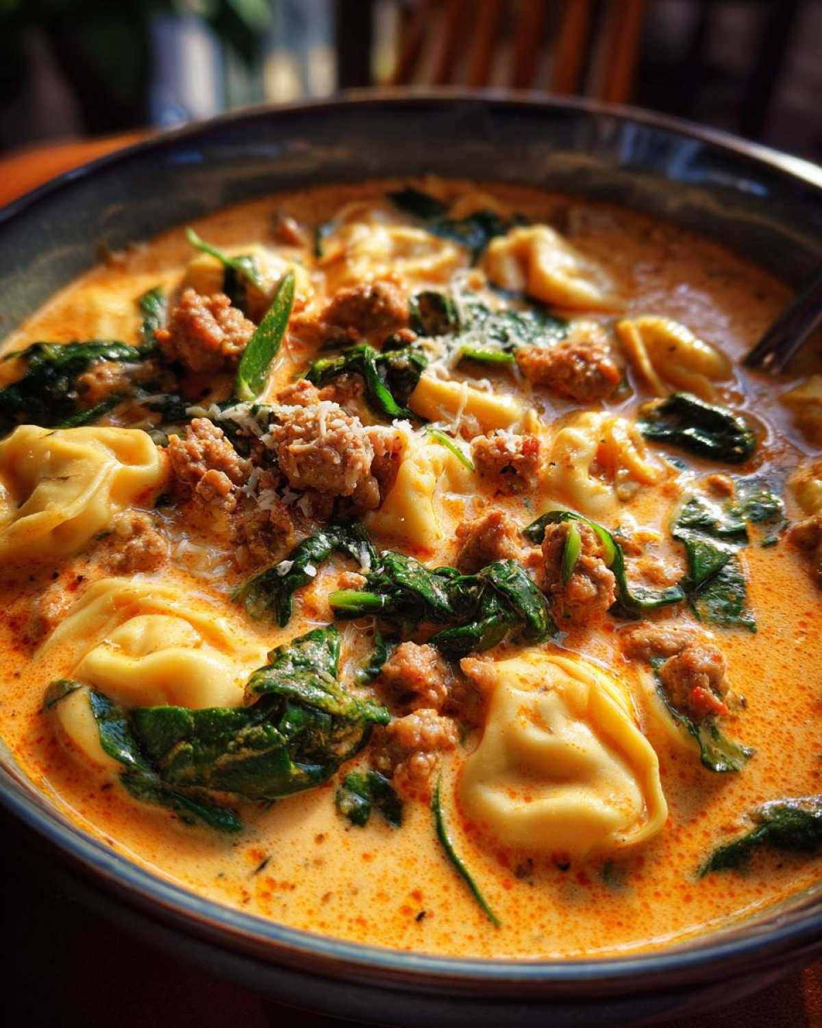 Close-up of creamy sausage tortellini soup featuring pasta, crumbled sausage, wilted spinach, and Parmesan cheese.