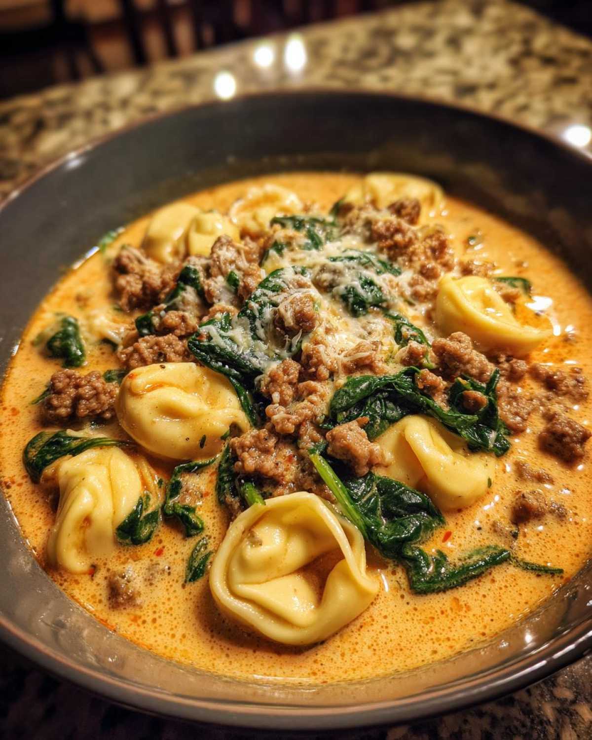 Close-up of creamy sausage tortellini soup featuring tortellini pasta, ground sausage, wilted spinach, and grated cheese.