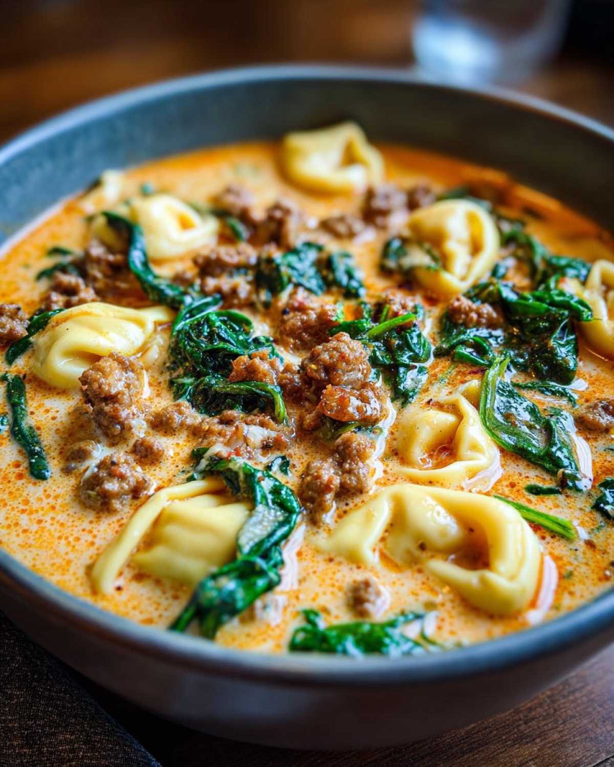 Close-up of a bowl of creamy sausage tortellini soup, featuring tortellini, crumbled sausage, and wilted spinach.