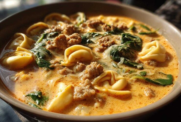 A close-up, warmly lit bowl of creamy sausage tortellini soup featuring cheese tortellini, crumbled sausage, and wilted spinach.