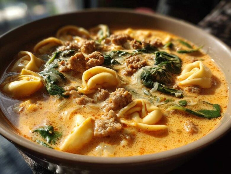 A close-up, warmly lit bowl of creamy sausage tortellini soup featuring cheese tortellini, crumbled sausage, and wilted spinach.