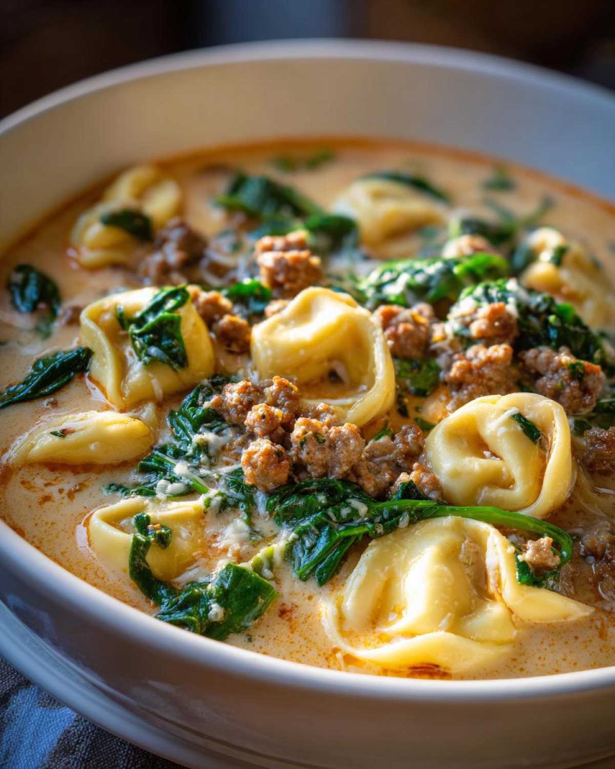 Close-up of a hearty bowl of creamy sausage tortellini soup with wilted spinach and ground sausage.