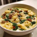 A close-up of a bowl of rich, creamy tortellini soup featuring sausage crumbles, wilted spinach, and grated Parmesan cheese.