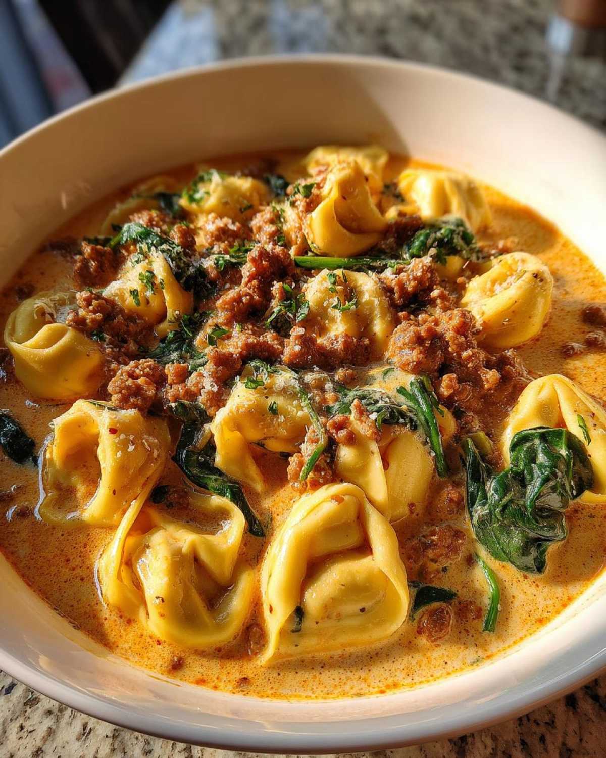 A close-up bowl of creamy tortellini soup loaded with ground sausage, wilted spinach, and topped with Parmesan cheese.