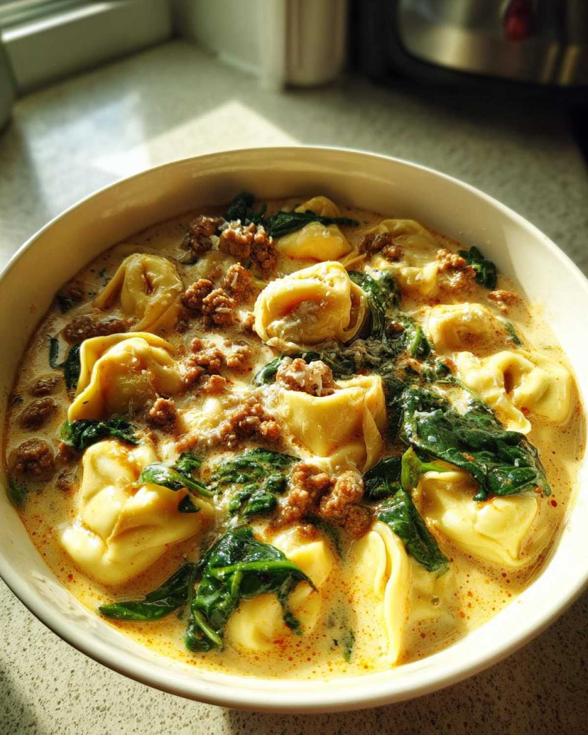 A close-up bowl of creamy tortellini soup featuring cheese tortellini, ground sausage, and wilted spinach.