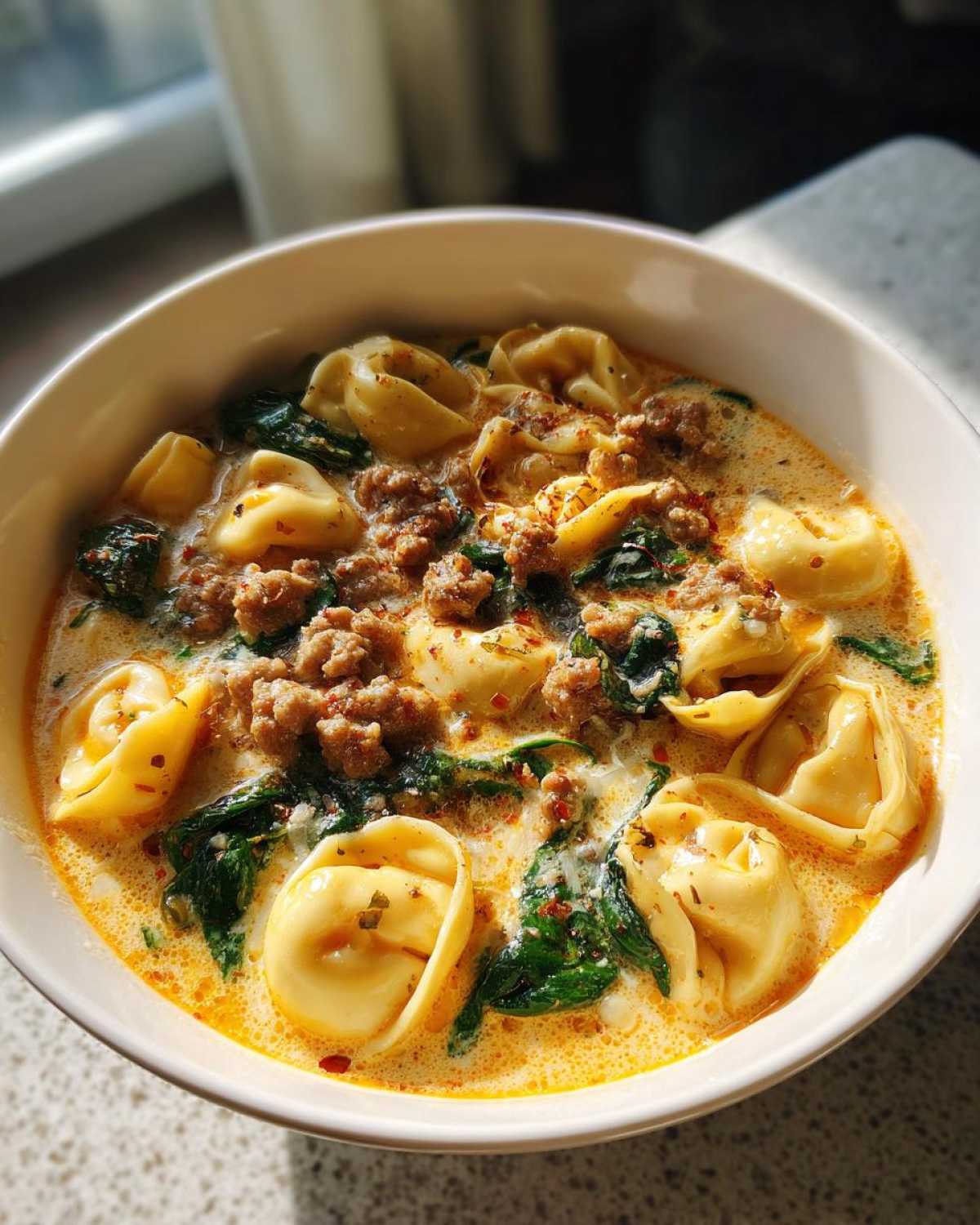 Close-up of a bowl of creamy tortellini soup featuring cheese tortellini, crumbled sausage, and wilted spinach.