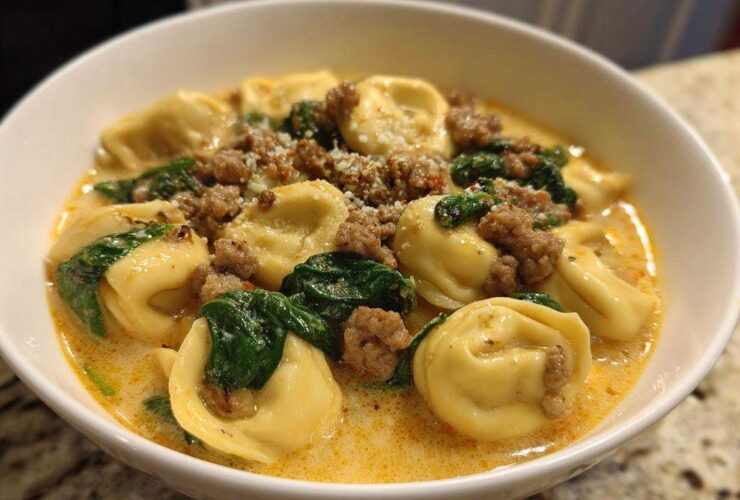 Close-up of a white bowl filled with creamy tortellini soup, featuring pasta, ground sausage, and wilted spinach.