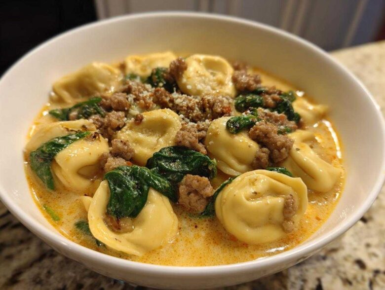 Close-up of a white bowl filled with creamy tortellini soup, featuring pasta, ground sausage, and wilted spinach.