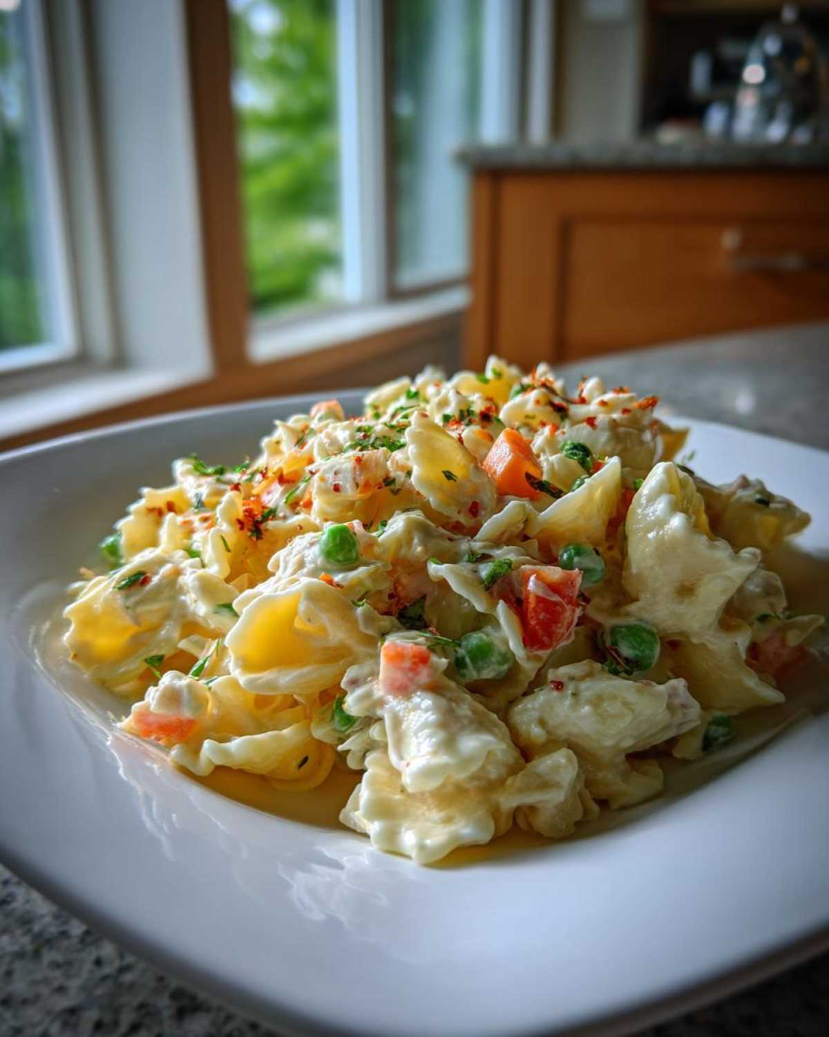Close-up of creamy tuna pasta salad featuring bowtie pasta, peas, carrots, and a sprinkle of herbs.
