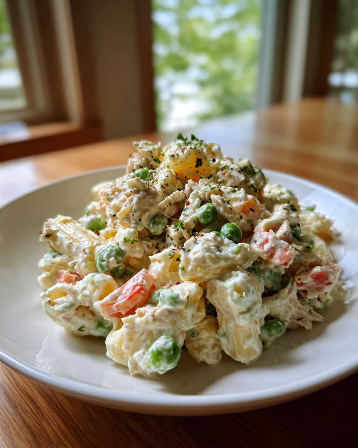 A close-up of creamy Tuna pasta salad piled high on a white plate, featuring pasta, peas, and carrots.