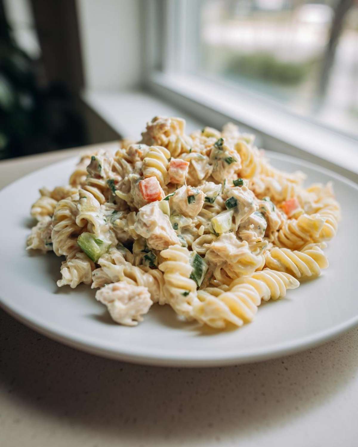 A serving of creamy Tuna pasta salad mixed with rotini pasta, celery, and peppers on a white plate.